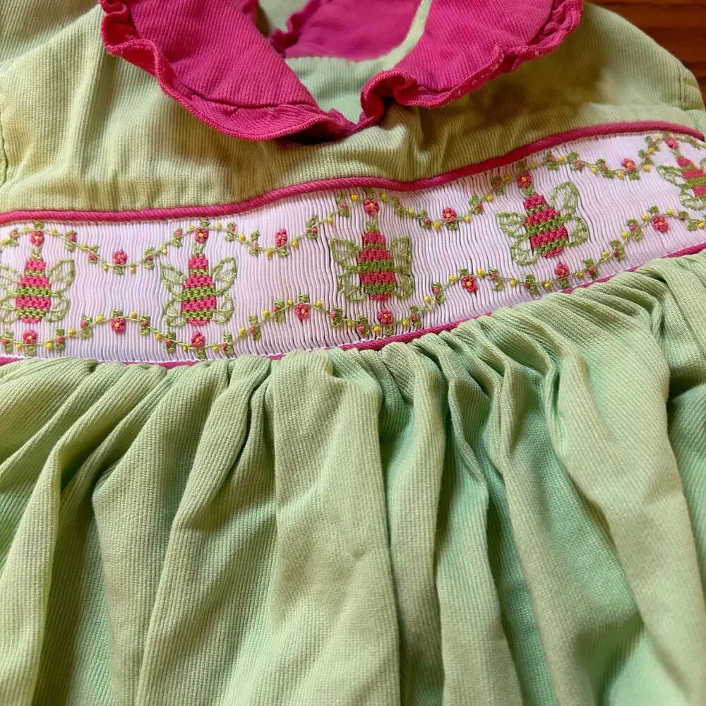 Beaux et Belles Girls Embroidered Green Smocked Dress Sz 4 Preppy Church Summer